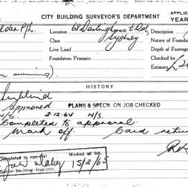 Building Inspectors Card: 68 Darlinghurst Rd, Sydney. Sunblind, approved 27/10/1964. 1 Card.