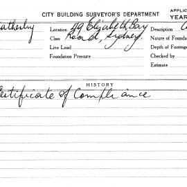 Building Inspectors Card: 49 Elizabeth Bay Road, Sydney. Certificate of Compliance. 1 card.