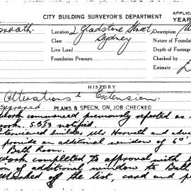 Building Inspectors Card: 2 Gladstone Street, Sydney. Alterations & extensions, approved 