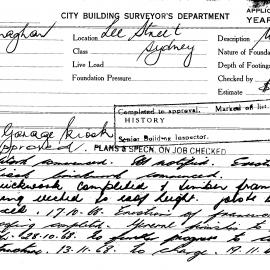 Building Inspectors Card: Lee Street, Sydney. Garage kiosk. 1 card.