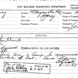 Building Inspectors Card: 147 Bayswater Rd, Sydney. Sunblind, approved 27/10/1964. 1 Card.