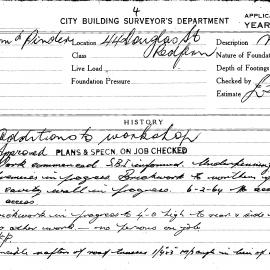 Building Inspectors Card: 44 Douglas Street, Redfern. Additions to workshop. 1 card.