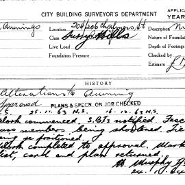 Building Inspectors Card: 204/206 Chalmers Streete, Surry Hills. Alterations to awning. 1 card.
