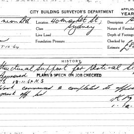 Building Inspectors Card: 40 Market St, Sydney. Structural support for vertical sign, approved 
