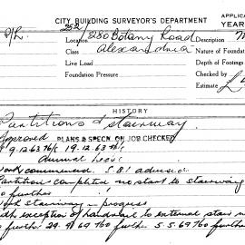 Building Inspectors Card: 252/280 Botany Road, Alexandria. Partitions & stairway, approved 