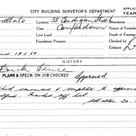 Building Inspectors Card: 35 Cardigan Street, Camperdown. Brick fence, approved 21/11/1963. 1 Card. 