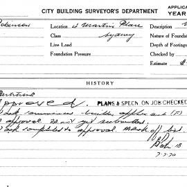 Building Inspectors Card: 4 Martin Place, Sydney. Partitions. 1 card.
