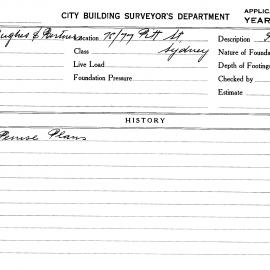Building Inspectors Card: 75/77 Pitt Street, Sydney. Peruse plans. 1 card.