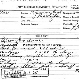 Building Inspectors Card: 12 Gurner Street, Paddington. Balcony enclosure, approved 29/10/1964. 1 