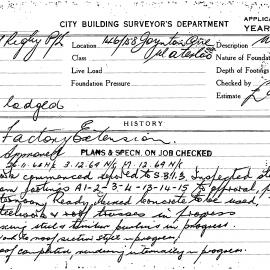 Building Inspectors Card: 146/`58 Joynton Ave, Waterloo. Factory extension, approved 4/11/1964. 1 
