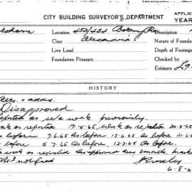 Building Inspectors Card: 452/454 Botany Rd, Alexandria. Alts & adds, disapproved 29/03/1965. 1 