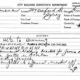 Building Inspectors Card: 257 Oxford Street, Sydney. Alterations to awning. 1 card.