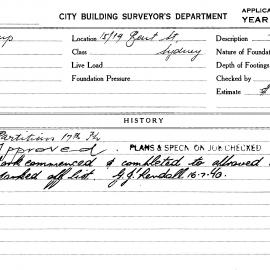 Building Inspectors Card: 15/19 Bent Street, Sydney. Partitions, 17th floor. 1 card.