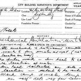 Building Inspectors Card: 44 Macleay Street, Sydney. Mechanical ventilation. 1 card.