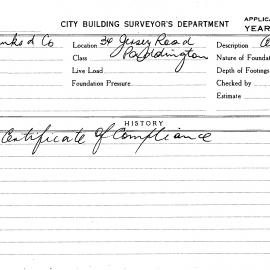 Building Inspectors Card: 34 Jersey Road, Paddington. Certificate of compliance. 1 Card.