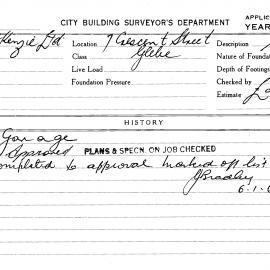 Building Inspectors Card: 7 Crescent Street Glebe. Garage. 1 card.