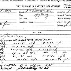 Building Inspectors Card: 321 Pitt Street, Sydney. Alterations, approved 10/11/1964. not started. 1 