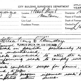 Building Inspectors Card: 1 Pearl Street, Newtown. Application to do alterations to laundry. 1 Card.