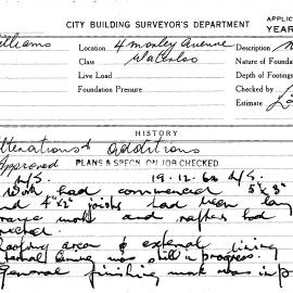 Building Inspectors Card: 4 Morley Avenue, Waterloo. Application to do alterations and additions. 1 