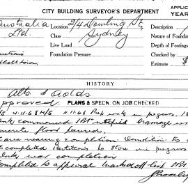 Building Inspectors Card: 2/4 Dowling Street. Sydney. Alts and Adds. 1 Card.
