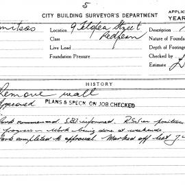 Building Inspectors Card: 9 Telopea Street Redfern. Remove wall. 1 card.
