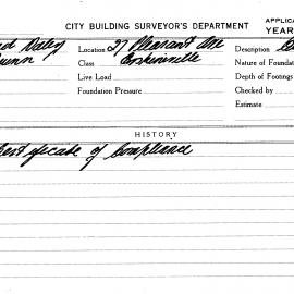 Building Inspectors Card: 27 Pleasant Ave, Erskineville. Certificate of compliance, 4/11/1964. 1 