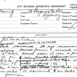 Building Inspectors Card: 32 Bayswater Road Sydney. Alterations. 1 card.