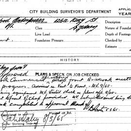 Building Inspectors Card: 126a King St, Sydney. Shopfront, approved 5/01/1965. 1 Card.