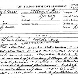 Building Inspectors Card: 115 Clarence Street Sydney. Alterations & additions. 1 card.