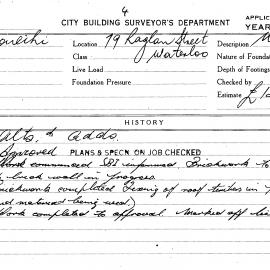 Building Inspectors Card: 79 Raglan Street Waterloo. Alterations & additions. 1 card.