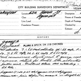 Building Inspectors Card: 65a Harris St, Pyrmont. Garage, approved 30/11/1964. 1 Card.