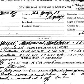 Building Inspectors Card: 763 George St, Sydney. Special mechanical ventilation, approved 