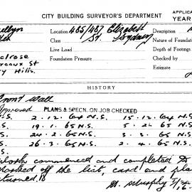 Building Inspectors Card: 485-487 Elizabeth Street Sydney. Front wall. 1 card.