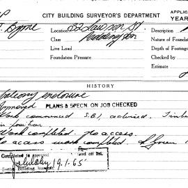 Building Inspectors Card: 32 Lawson Street, Paddington. Balcony enclosure. 1 card.