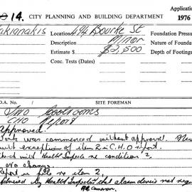 Building Inspectors Card: 494 Bourke St. Two cool rooms, approved 15/09/1976. 1 Card. 