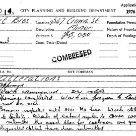 Building Inspectors Card: 547 Crown St. Alterations, approved 15/9/1976. 2 Cards. 