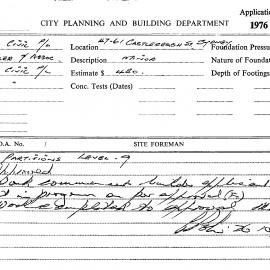 Building Inspectors Card: 47/61 Castlereagh St, Sydney. Partitions level 9, approved 15/09/1976. 1 