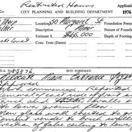 Building Inspectors Card: 50 Margaret St. Relocate main entrance foyer, approved 18/02/1977. 1 Card.