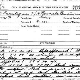 Building Inspectors Card: 73-79 Parramatta Road. Partitions. 2 cards.