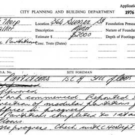 Building Inspectors Card: 364 Sussex St. Partitions 1st & 3rd floors, approved 4/11/1976. 1 Card. 