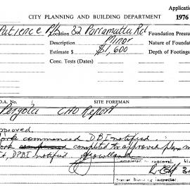 Building Inspectors Card: 82 Parramatta Rd. Pergola, approved 9/12/1976. 1 Card. 