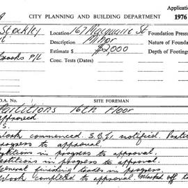 Building Inspectors Card: 167 Macquarie St. Partitions 16th floor, approved 4/11/1976. 1 Card. 