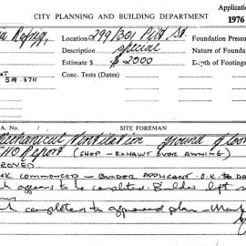 Building Inspectors Card: 299/301 Pitt St. Mechanical ventilation ground floor, approved 9/12/1976. 
