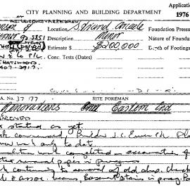 Building Inspectors Card: Strand Arcade. Renovations, eastern end, approved 27/01/1977. 2 Cards.