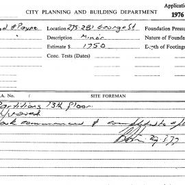 Building Inspectors Card: 275/281 George St. Partitions 13th floor, approved 2/12/1976. 1 Card.