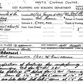 Building Inspectors Card - Application to build Hoyts Cinema, 505/523 George Street Sydney, 1974-1978