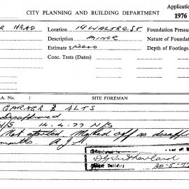 Building Inspectors Card: 14 Walter St. Garage & alts, disapproved 17/02/1977. 1 Card.