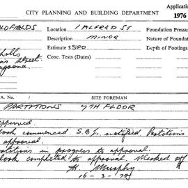 Building Inspectors Card: 1 Alfred St. Partitions 7th floor, approved 21/12/1976. 1 Card.