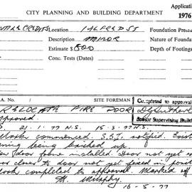 Building Inspectors Card: 1 Alfred St. Relocate fire door, approved 6/01/1976. 1 Card.