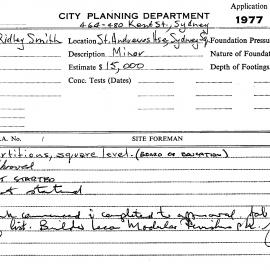 Building Inspectors Card: St Andrews House, 464/480 Kent St, Sydney Square. Partitions, square 